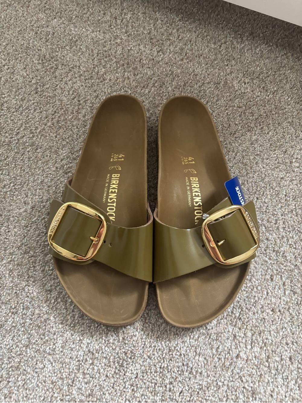Birkenstock Madrid Big Buckle Slide — Olive with Gold Buckle